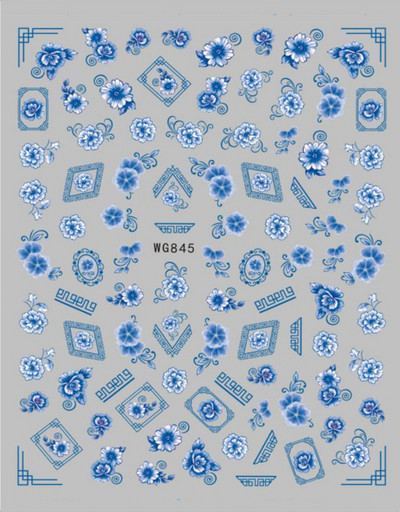 Retro plavo-bijeli porculanski dizajn 3D naljepnice za nokte, samoljepljive klizne naljepnice, savjeti za manikuru, DIY dodaci, 1kom