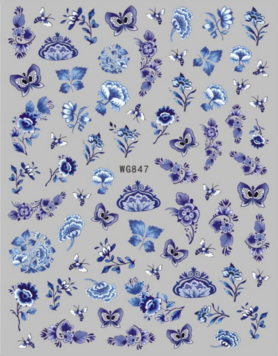 Retro plavo-bijeli porculanski dizajn 3D naljepnice za nokte, samoljepljive klizne naljepnice, savjeti za manikuru, DIY dodaci, 1kom