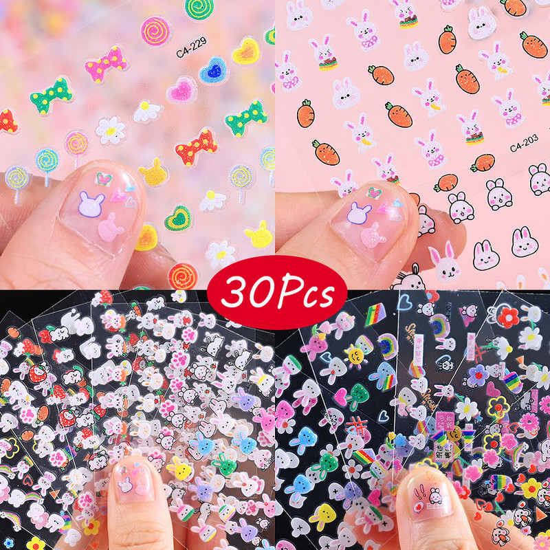 30gb 3D multfilmu zaķu nagu uzlīmju komplekts bērniem Jauki truša nagu uzlīmes ar mirdzošiem fliteriem uzlīmējamām Kawaii zaķu uzlīmēm