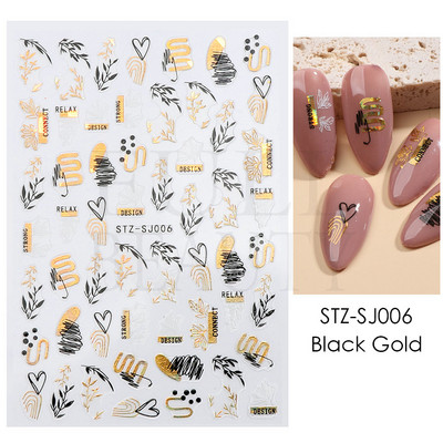 Abstraktas ģeometrijas uzlīmes nagiem 3D lāzera zelts melns lapas sirds līnijas slīdņi Dekors hologrāfiskā uzlīme CHSTZ-SJ01-09