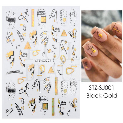 Abstraktas ģeometrijas uzlīmes nagiem 3D lāzera zelts melns lapas sirds līnijas slīdņi Dekors hologrāfiskā uzlīme CHSTZ-SJ01-09