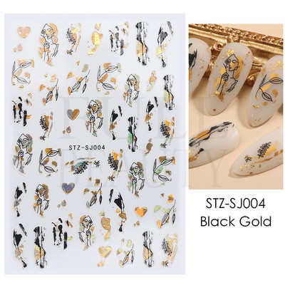 Abstraktas ģeometrijas uzlīmes nagiem 3D lāzera zelts melns lapas sirds līnijas slīdņi Dekors hologrāfiskā uzlīme CHSTZ-SJ01-09