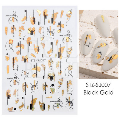 Abstraktas ģeometrijas uzlīmes nagiem 3D lāzera zelts melns lapas sirds līnijas slīdņi Dekors hologrāfiskā uzlīme CHSTZ-SJ01-09