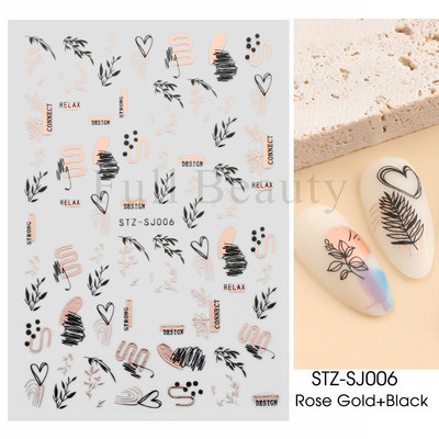 Abstraktas ģeometrijas uzlīmes nagiem 3D lāzera zelts melns lapas sirds līnijas slīdņi Dekors hologrāfiskā uzlīme CHSTZ-SJ01-09