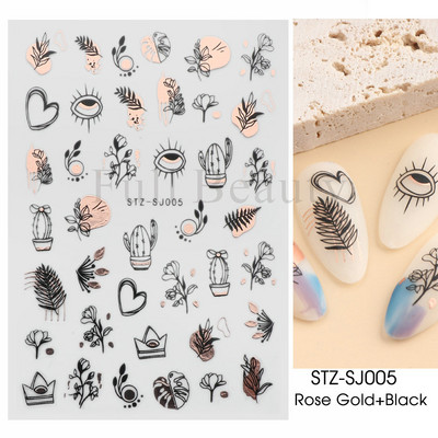 Abstraktas ģeometrijas uzlīmes nagiem 3D lāzera zelts melns lapas sirds līnijas slīdņi Dekors hologrāfiskā uzlīme CHSTZ-SJ01-09