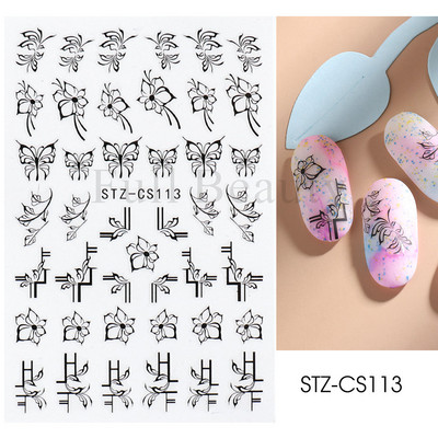 Abstraktas ģeometrijas uzlīmes nagiem 3D lāzera zelts melns lapas sirds līnijas slīdņi Dekors hologrāfiskā uzlīme CHSTZ-SJ01-09