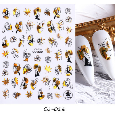 Abstraktas ģeometrijas uzlīmes nagiem 3D lāzera zelts melns lapas sirds līnijas slīdņi Dekors hologrāfiskā uzlīme CHSTZ-SJ01-09