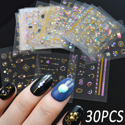 Amestecați 30 de coli 3D Moon Star Nail Art Autocolant Aur Geometric/Gems Bronzing Nail Auto-Adezive Glisoare Accesorii pentru unghii DIY