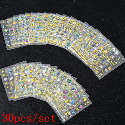 Mix 30 listova 3D Moon Star Nail Art naljepnica Zlatna geometrija/dragulji Bronzaning Nail Samoljepljive naljepnice Klizači DIY pribor za nokte