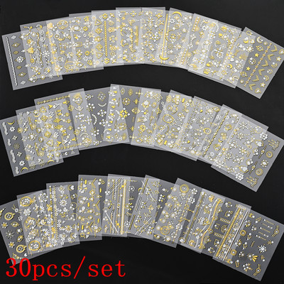 Mix 30 listova 3D Moon Star Nail Art naljepnica Zlatna geometrija/dragulji Bronzaning Nail Samoljepljive naljepnice Klizači DIY pribor za nokte