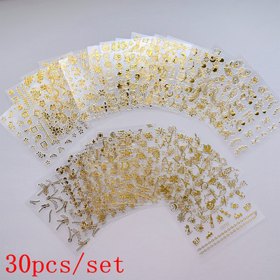 Mix 30 listova 3D Moon Star Nail Art naljepnica Zlatna geometrija/dragulji Bronzaning Nail Samoljepljive naljepnice Klizači DIY pribor za nokte