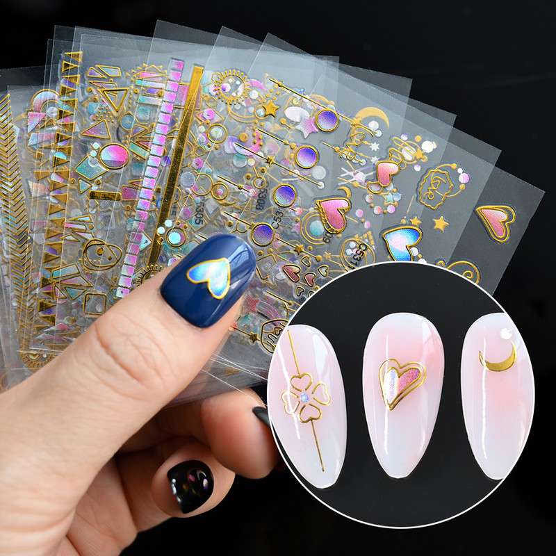 Mix 30 listova 3D Moon Star Nail Art naljepnica Zlatna geometrija/dragulji Bronzaning Nail Samoljepljive naljepnice Klizači DIY pribor za nokte