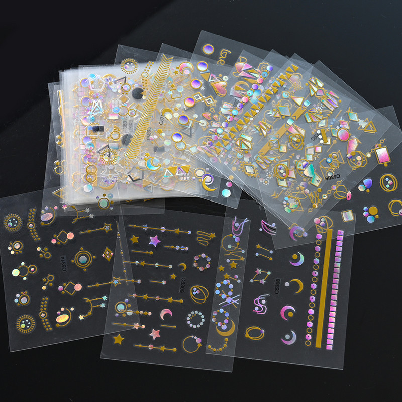 Mix 30 listova 3D Moon Star Nail Art naljepnica Zlatna geometrija/dragulji Bronzaning Nail Samoljepljive naljepnice Klizači DIY pribor za nokte