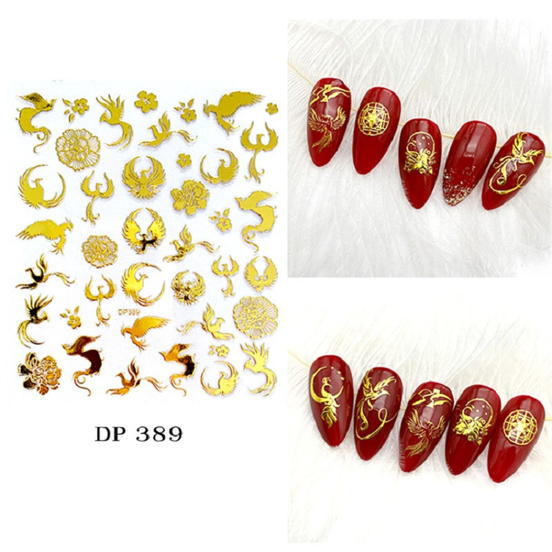 1 gab. Nagu mākslas uzlīme zelta varavīksnes fēniksa pūķa pāva formas uzlīmes nagiem ziedi lipīga nagu mākslas dekorēšana manikīram