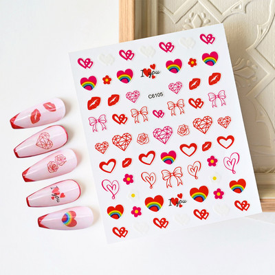 1 buc Kawaii Love Heart Nail Art Autocolante 3D Colorat Hollow Love Design Nail Slider Decals Autocolante de dimensiuni mixte pentru decorațiuni pentru unghii