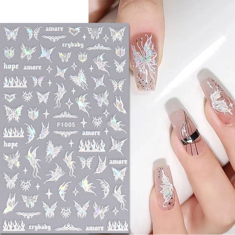 White Butterfly 3D Nagu uzlīmes Krāsaini Ziedi Strauji Nagu mākslas uzlīmes Jauna stila lāzera bronzas uzlīmes Nagu mākslas piederumi