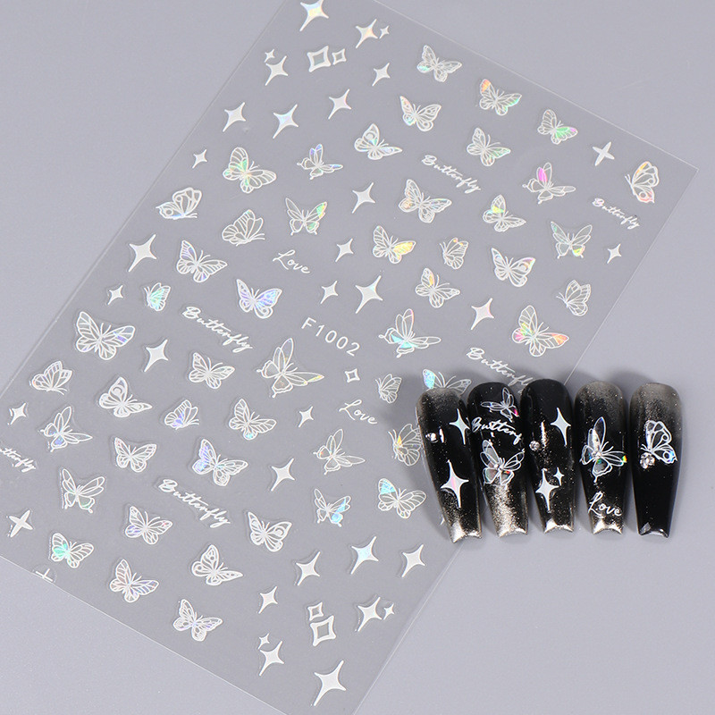 White Butterfly 3D Nagu uzlīmes Krāsaini Ziedi Strauji Nagu mākslas uzlīmes Jauna stila lāzera bronzas uzlīmes Nagu mākslas piederumi