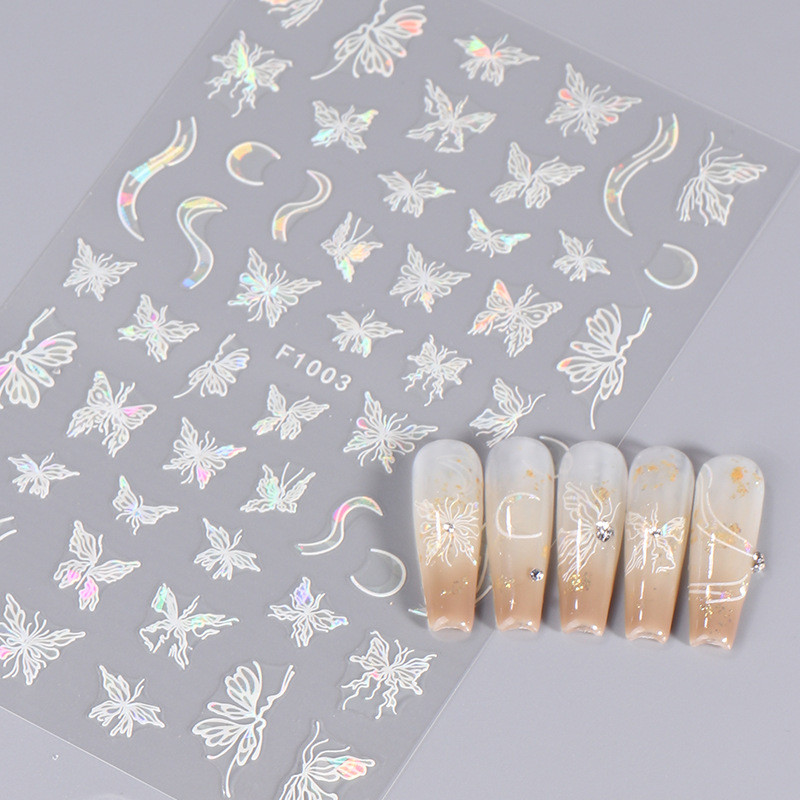 White Butterfly 3D Nagu uzlīmes Krāsaini Ziedi Strauji Nagu mākslas uzlīmes Jauna stila lāzera bronzas uzlīmes Nagu mākslas piederumi