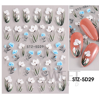 5D hibiszkusz virág köröm dombornyomott matrica akril fehér rózsaszín szirom levél ragasztó matrica pillangó sárkány virágos elegáns dekorfólia