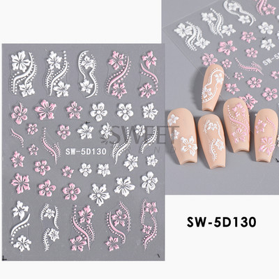 5D hibiszkusz virág köröm dombornyomott matrica akril fehér rózsaszín szirom levél ragasztó matrica pillangó sárkány virágos elegáns dekorfólia