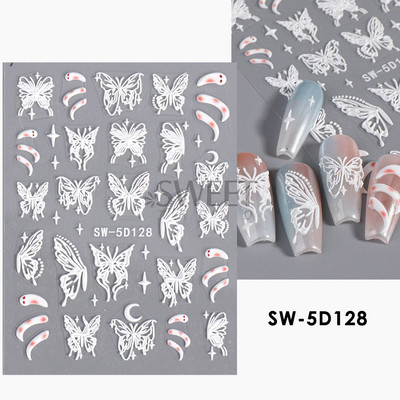 5D hibiszkusz virág köröm dombornyomott matrica akril fehér rózsaszín szirom levél ragasztó matrica pillangó sárkány virágos elegáns dekorfólia