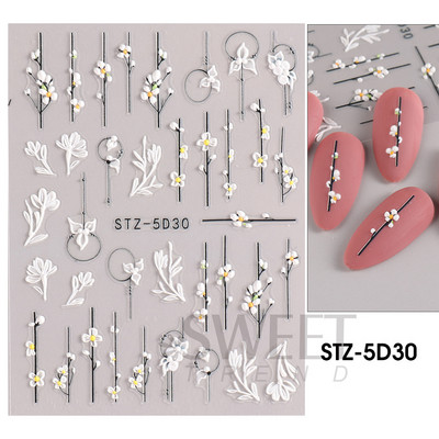 5D hibiszkusz virág köröm dombornyomott matrica akril fehér rózsaszín szirom levél ragasztó matrica pillangó sárkány virágos elegáns dekorfólia