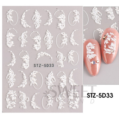5D hibiszkusz virág köröm dombornyomott matrica akril fehér rózsaszín szirom levél ragasztó matrica pillangó sárkány virágos elegáns dekorfólia