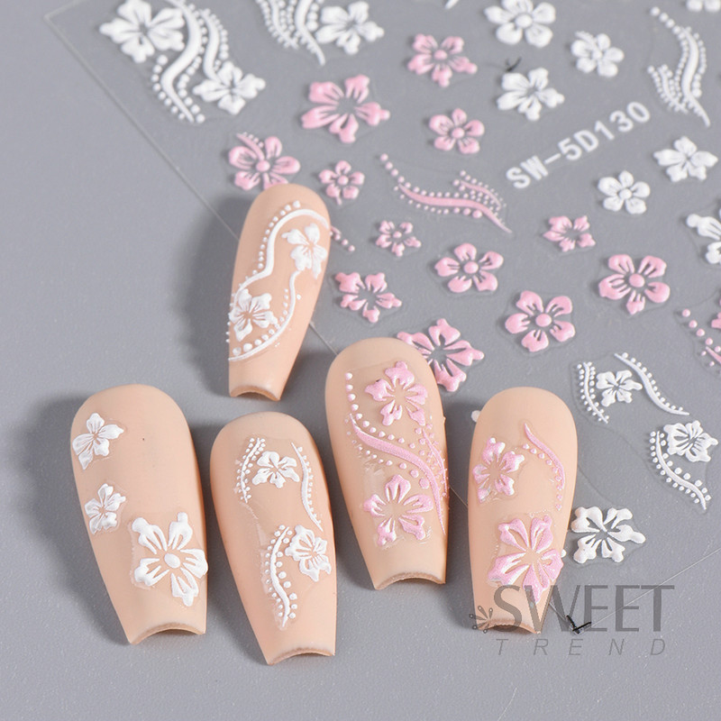 5D hibiszkusz virág köröm dombornyomott matrica akril fehér rózsaszín szirom levél ragasztó matrica pillangó sárkány virágos elegáns dekorfólia