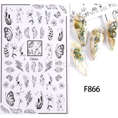 1 gab Black Leaf 3D Līmējoša uzlīme nagu ģeometriskām līnijām Pavasara ziedu lapām Tauriņu nagu dekoru uzlīmes manikīra piederumi