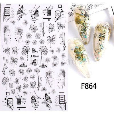 1 gab Black Leaf 3D Līmējoša uzlīme nagu ģeometriskām līnijām Pavasara ziedu lapām Tauriņu nagu dekoru uzlīmes manikīra piederumi