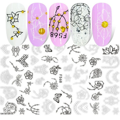 1 gab Black Leaf 3D Līmējoša uzlīme nagu ģeometriskām līnijām Pavasara ziedu lapām Tauriņu nagu dekoru uzlīmes manikīra piederumi