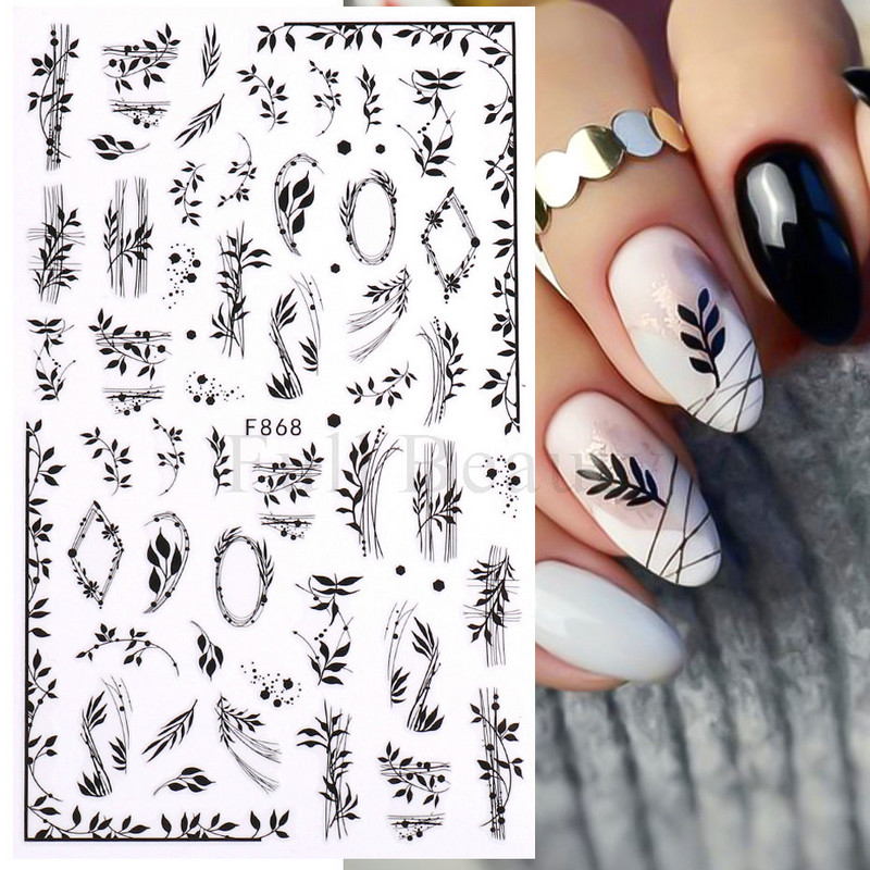 1 gab Black Leaf 3D Līmējoša uzlīme nagu ģeometriskām līnijām Pavasara ziedu lapām Tauriņu nagu dekoru uzlīmes manikīra piederumi