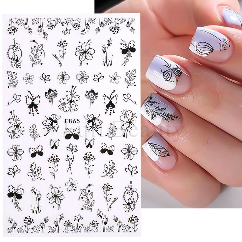 1 gab Black Leaf 3D Līmējoša uzlīme nagu ģeometriskām līnijām Pavasara ziedu lapām Tauriņu nagu dekoru uzlīmes manikīra piederumi