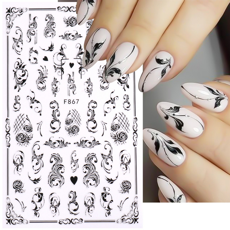 1 gab Black Leaf 3D Līmējoša uzlīme nagu ģeometriskām līnijām Pavasara ziedu lapām Tauriņu nagu dekoru uzlīmes manikīra piederumi