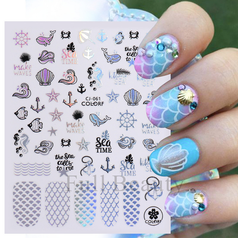 Suvised musta palmipuu küünekleebised Holograafilised merineitsi lilled troopilised kleebised küünekunsti kaunistamiseks maniküüri näpunäited SACJ055-063