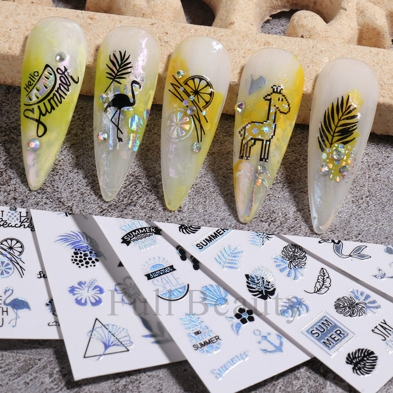 Suvised musta palmipuu küünekleebised Holograafilised merineitsi lilled troopilised kleebised küünekunsti kaunistamiseks maniküüri näpunäited SACJ055-063