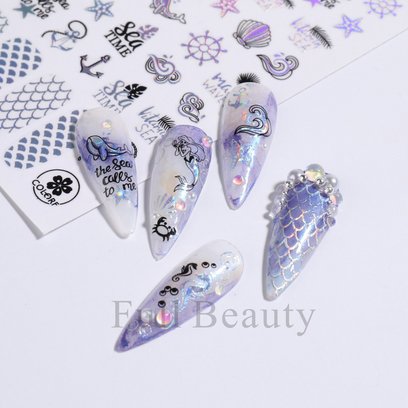 Suvised musta palmipuu küünekleebised Holograafilised merineitsi lilled troopilised kleebised küünekunsti kaunistamiseks maniküüri näpunäited SACJ055-063