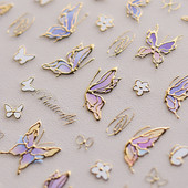 3D hologrāfiska purpursarkana tauriņa nagu mākslas uzlīmes, līmējošas zelta lāzera folijas nagu uzlīmes sievietēm, meitenēm, manikīra dekorēšana