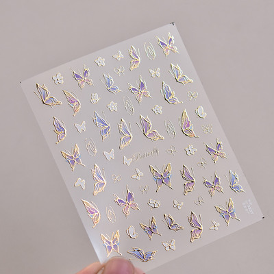 3D hologrāfiska purpursarkana tauriņa nagu mākslas uzlīmes, līmējošas zelta lāzera folijas nagu uzlīmes sievietēm, meitenēm, manikīra dekorēšana