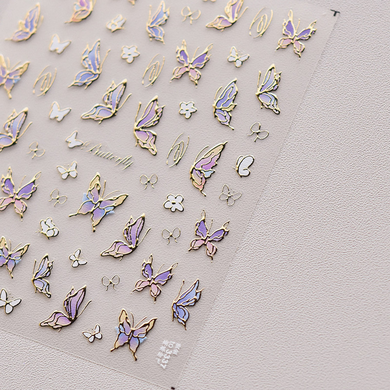 3D hologrāfiska purpursarkana tauriņa nagu mākslas uzlīmes, līmējošas zelta lāzera folijas nagu uzlīmes sievietēm, meitenēm, manikīra dekorēšana