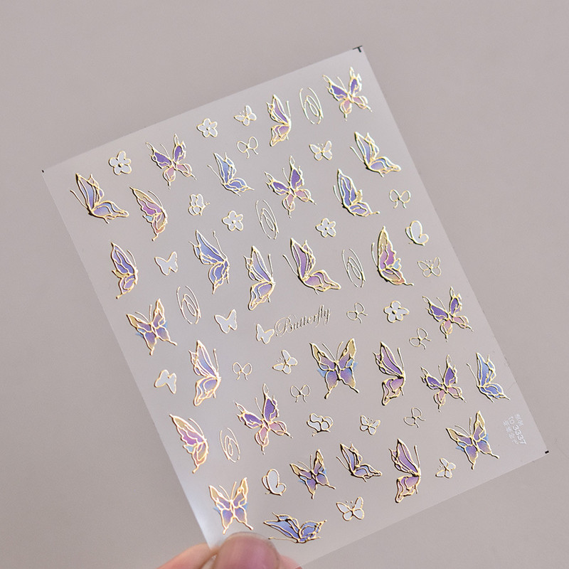 3D hologrāfiska purpursarkana tauriņa nagu mākslas uzlīmes, līmējošas zelta lāzera folijas nagu uzlīmes sievietēm, meitenēm, manikīra dekorēšana