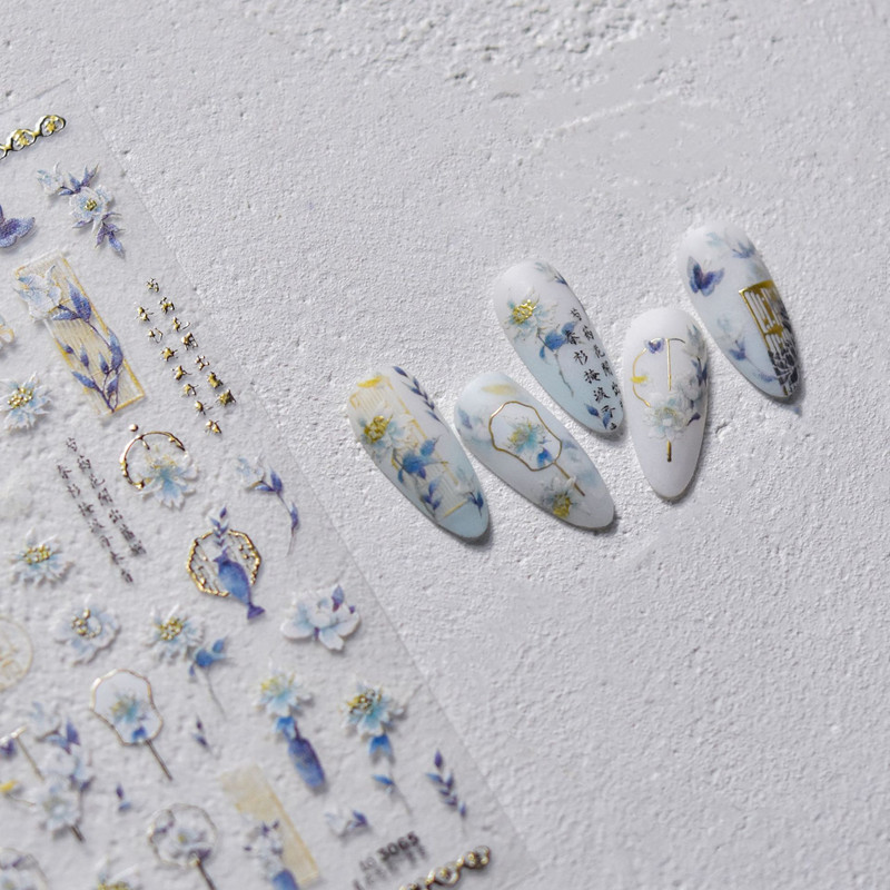 Kineski plavo-bijeli žad Izuzetan cvjetni ventilator Keramičke naljepnice za nokte Visokokvalitetni dizajn Ljepljive naljepnice Ukrasi za nokte