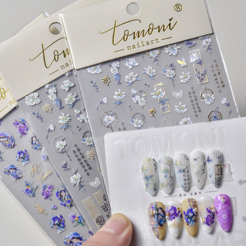 Kineski plavo-bijeli žad Izuzetan cvjetni ventilator Keramičke naljepnice za nokte Visokokvalitetni dizajn Ljepljive naljepnice Ukrasi za nokte