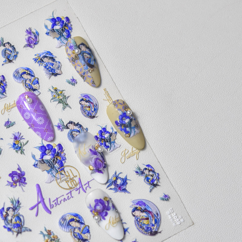 Kineski plavo-bijeli žad Izuzetan cvjetni ventilator Keramičke naljepnice za nokte Visokokvalitetni dizajn Ljepljive naljepnice Ukrasi za nokte