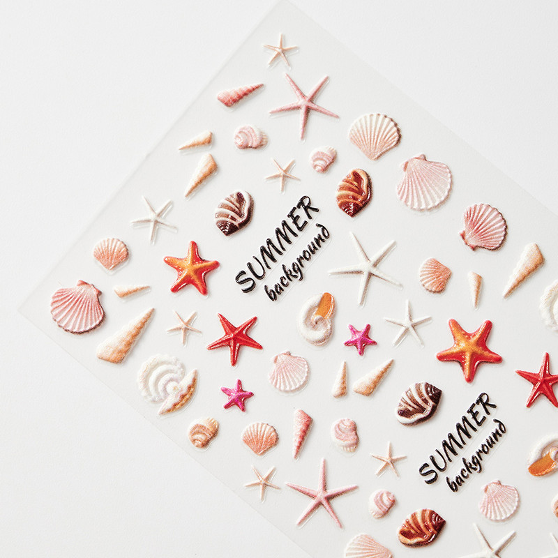 1 loksne Sea Shell 5D nagu uzlīme pludmales reljefs ziedu reljefi pašlīmējoša nagu uzlīme Ocean Summer Shell nagu slīdnis