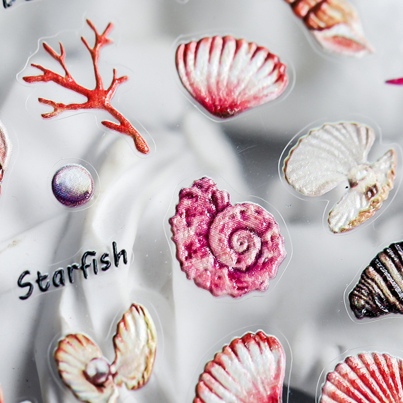 1 loksne Sea Shell 5D nagu uzlīme pludmales reljefs ziedu reljefi pašlīmējoša nagu uzlīme Ocean Summer Shell nagu slīdnis