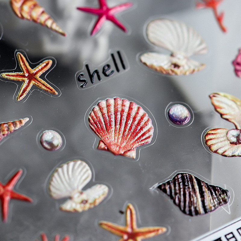 1 loksne Sea Shell 5D nagu uzlīme pludmales reljefs ziedu reljefi pašlīmējoša nagu uzlīme Ocean Summer Shell nagu slīdnis
