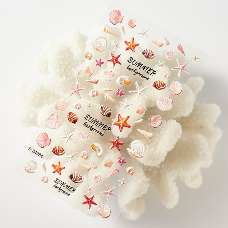 1 loksne Sea Shell 5D nagu uzlīme pludmales reljefs ziedu reljefi pašlīmējoša nagu uzlīme Ocean Summer Shell nagu slīdnis