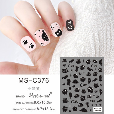 Melna kaķa nagu uzlīmes Helovīna rotājumi Jauki multfilmu monstri kaķēnu suņu nagu uzlīmes Krāsaini grafiti dizaina manikīrs