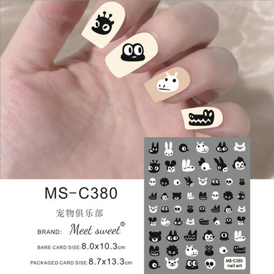 Melna kaķa nagu uzlīmes Helovīna rotājumi Jauki multfilmu monstri kaķēnu suņu nagu uzlīmes Krāsaini grafiti dizaina manikīrs
